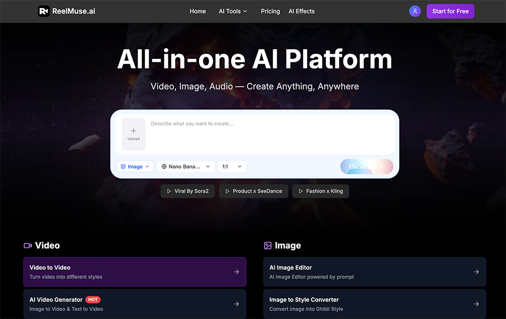ReelMuse:可生成视频、图像和音频等一体化AI平台